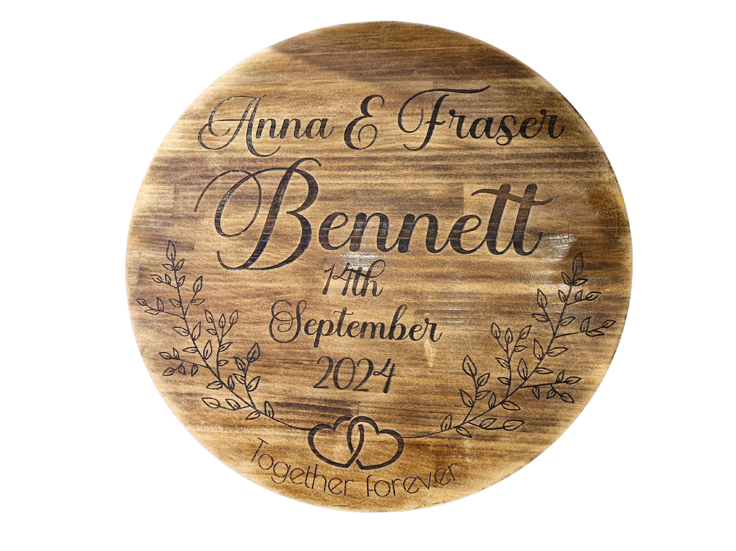 Engraved Timber Wedding Round – Personalised Wooden Name Sign