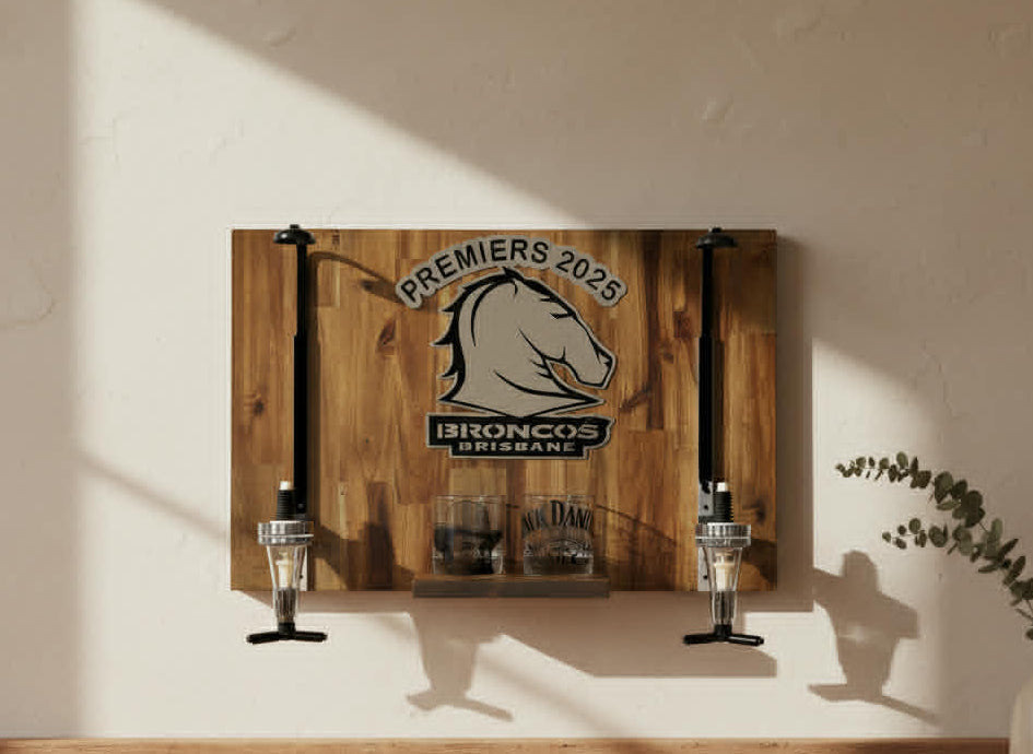Wall Mounted Spirit Dispenser – Brisbane Premiers Team | Double Bottle Bar Display (600mm x 400mm)