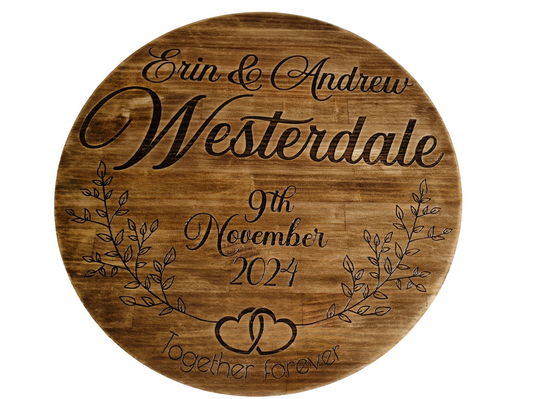 Engraved Timber Wedding Round – Personalised Wooden Name Sign
