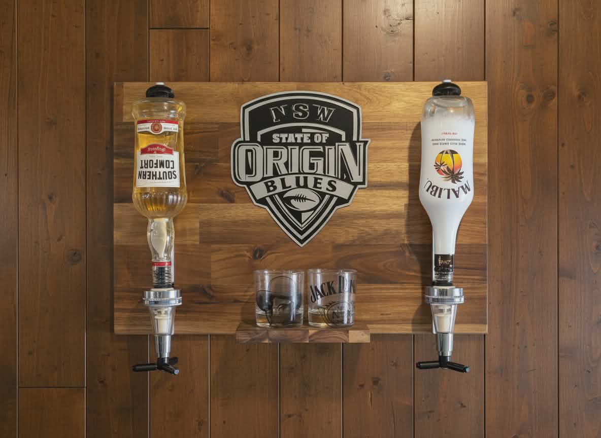 Wall Mounted Spirit Dispenser – NSW Team | Double Bottle Bar Display (600mm x 400mm)
