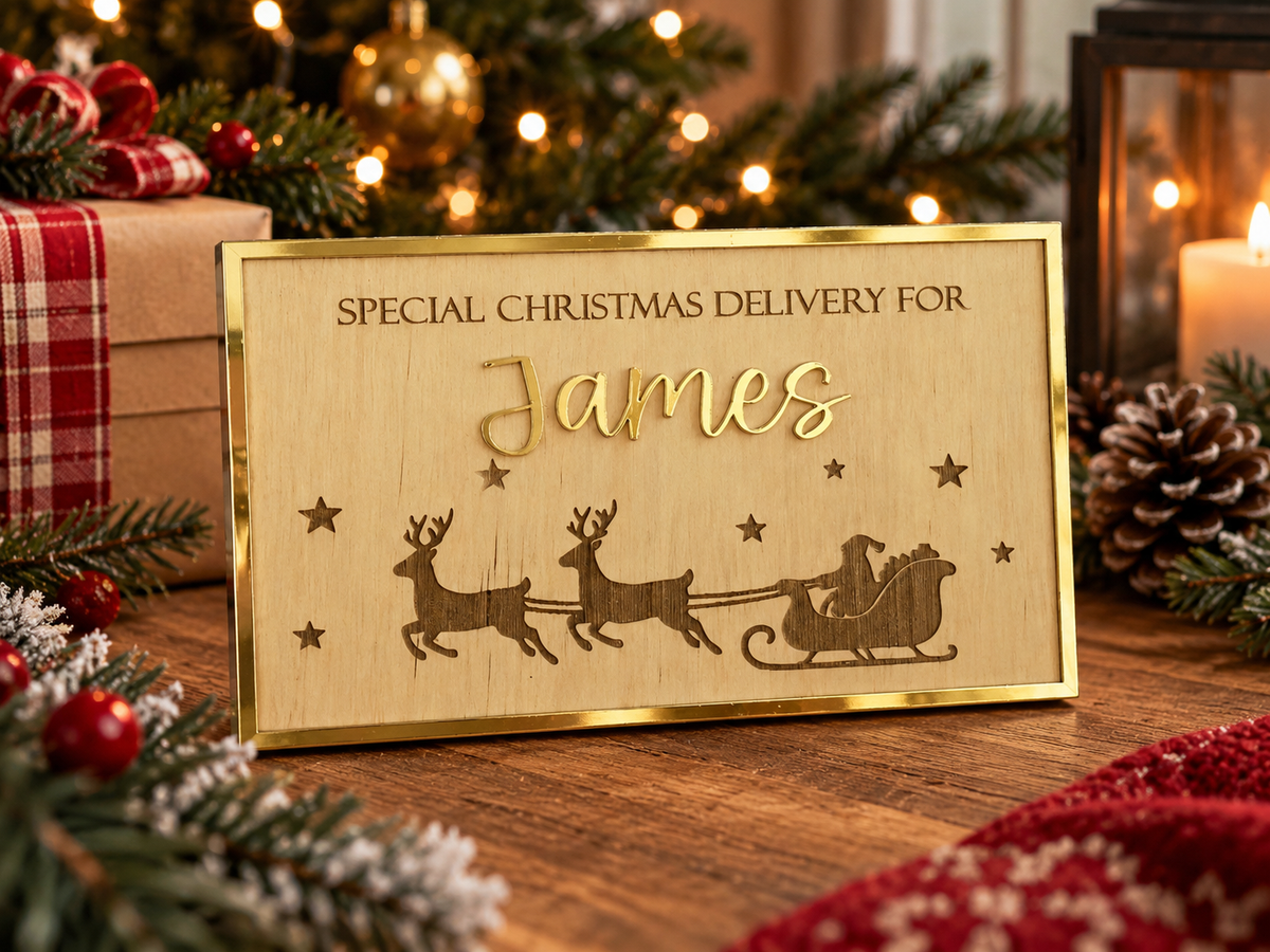 A personalized wooden Christmas card with a gold border, engraved with 'SPECIAL CHRISTMAS DELIVERY FOR James' and a sledding scene with reindeer, displayed on a wooden table with festive holiday decorations in the background.