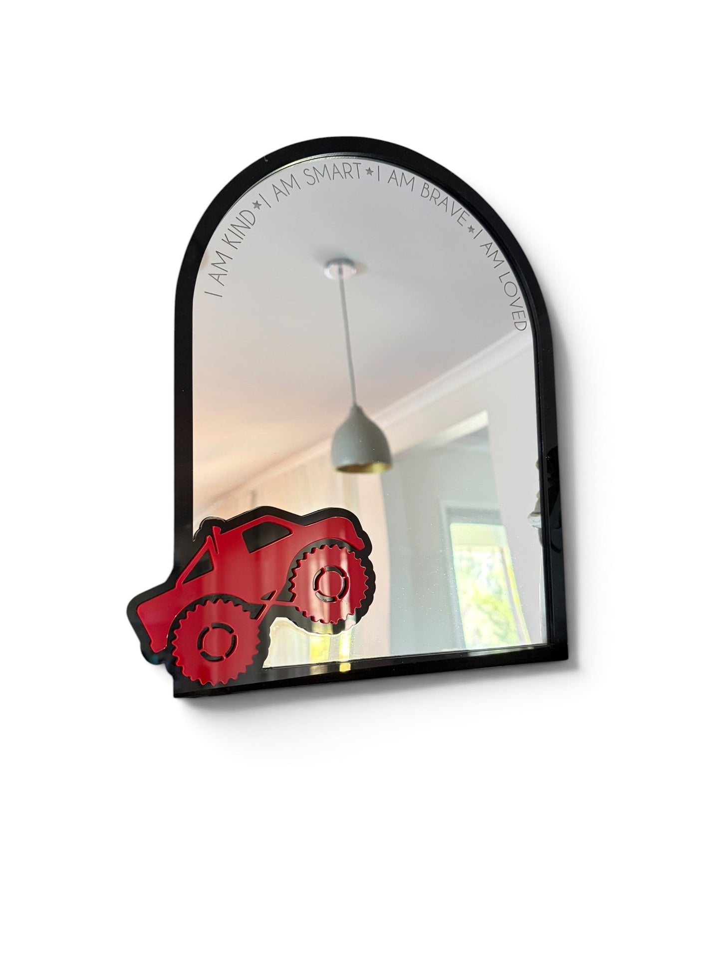 Monster Truck Affirmation Arch Mirror | Personalised Kids Bedroom Mirror | 30cm Acrylic