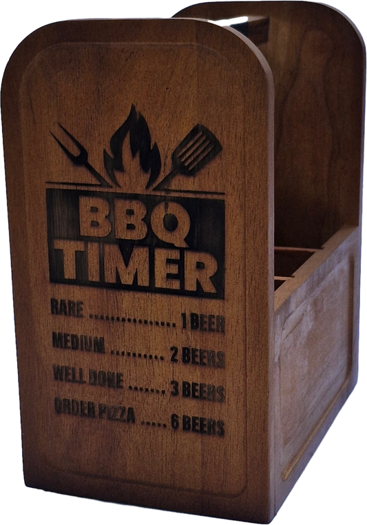 BBQ Timer Beer Caddy – Custom Engraved Timber Beer Holder with Bottle Opener