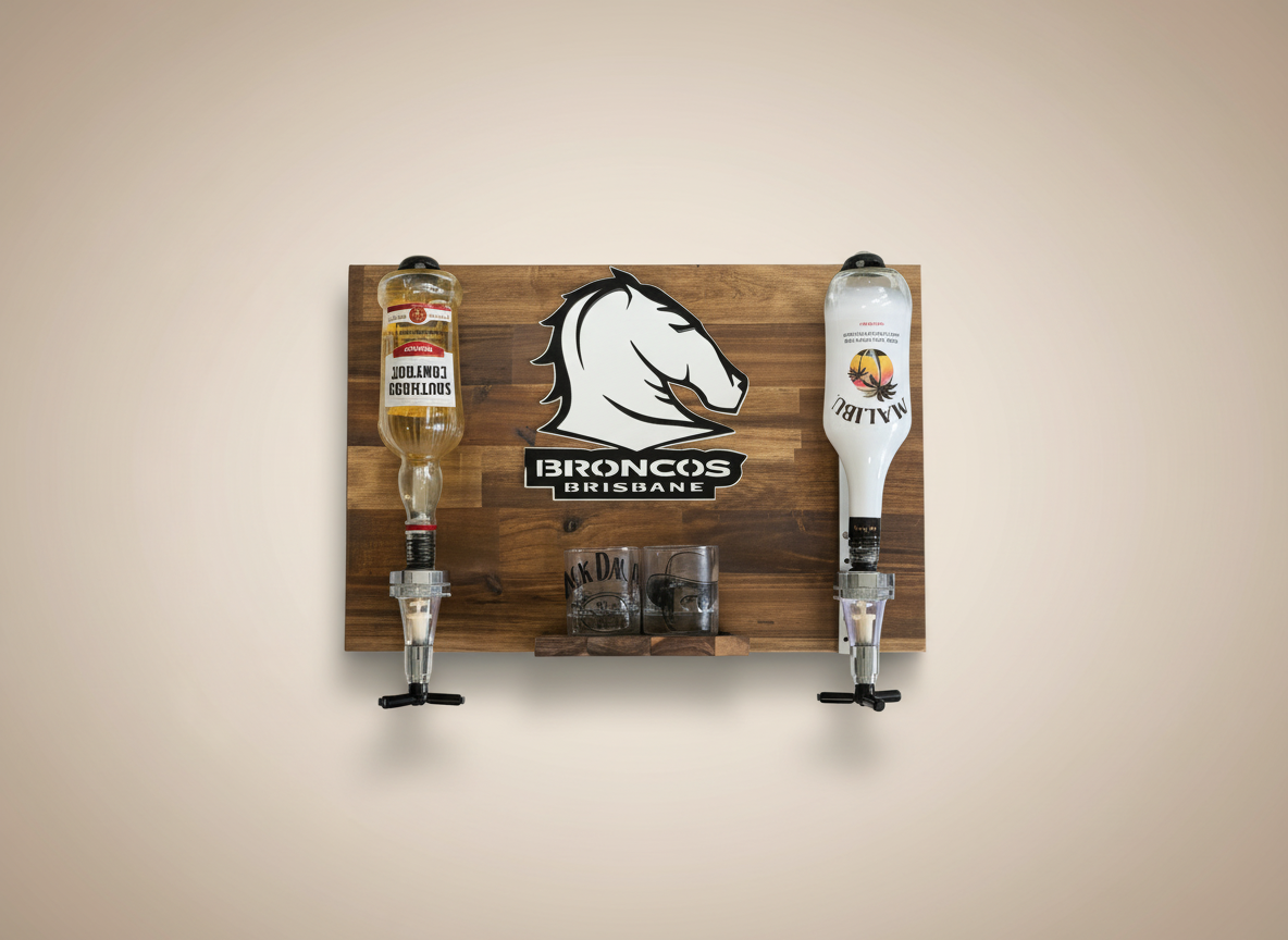 Wall Mounted Spirit Dispenser – Brisbane Team | Double Bottle Bar Display (600mm x 400mm)