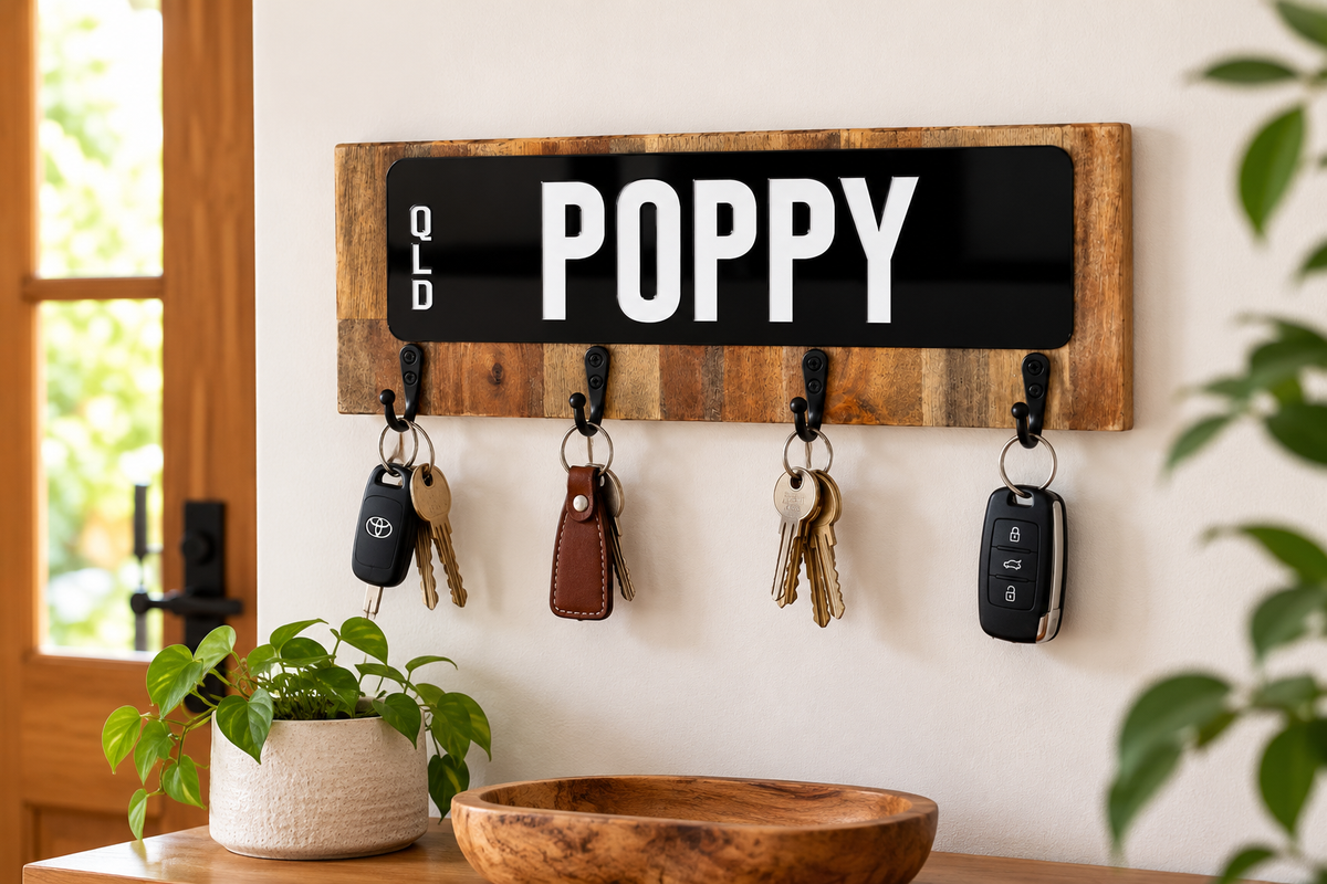 Personalised Number Plate Key Rack – POPPY| Wooden Wall Key Holder