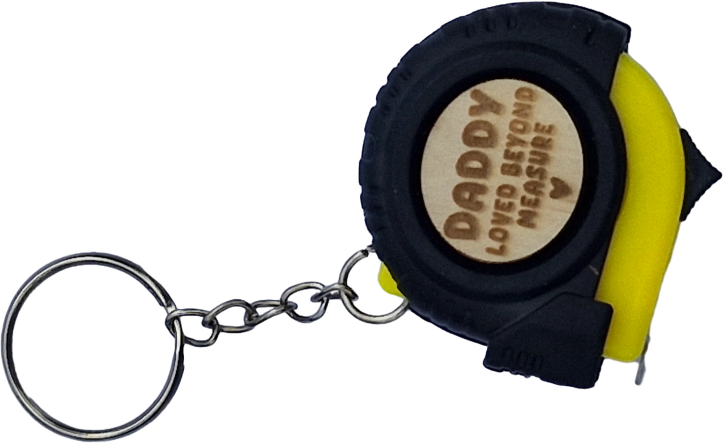 Tape measure keychain with 'Daddy Loved Beyond Measure' text on a white background