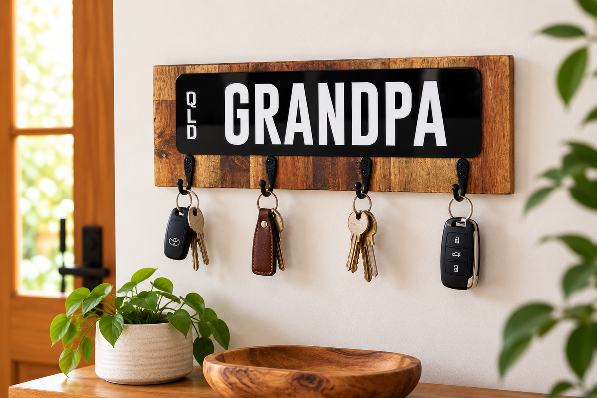 Personalised Number Plate Key Holder – GRANDPA | Wooden Wall Key Holder