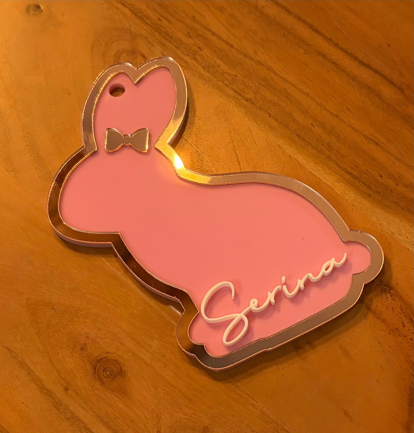 Personalised Bunny Acrylic Easter Tag – 3D Name, Mirror Acrylic (Gold/Silver/Rose Gold)