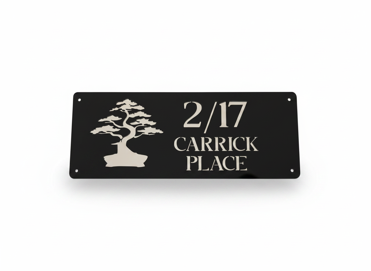 Personalised acrylic house sign with bonsai tree graphic and custom address text, laser cut layered finish