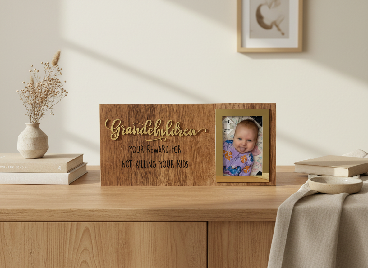 Grandchildren: Your Reward for Not Killing Your Kids – Timber Photo Board (Funny Grandparent Gift)