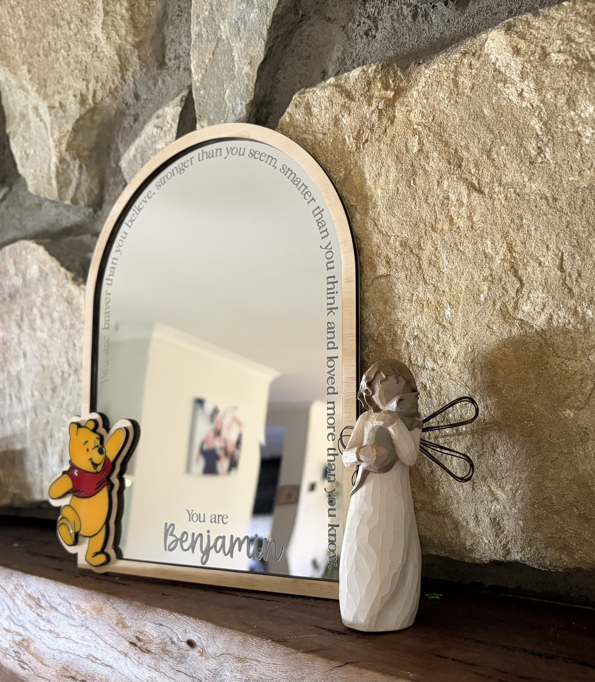 Winnie the Pooh affirmation mirror close-up showing engraved quote and personalised name
