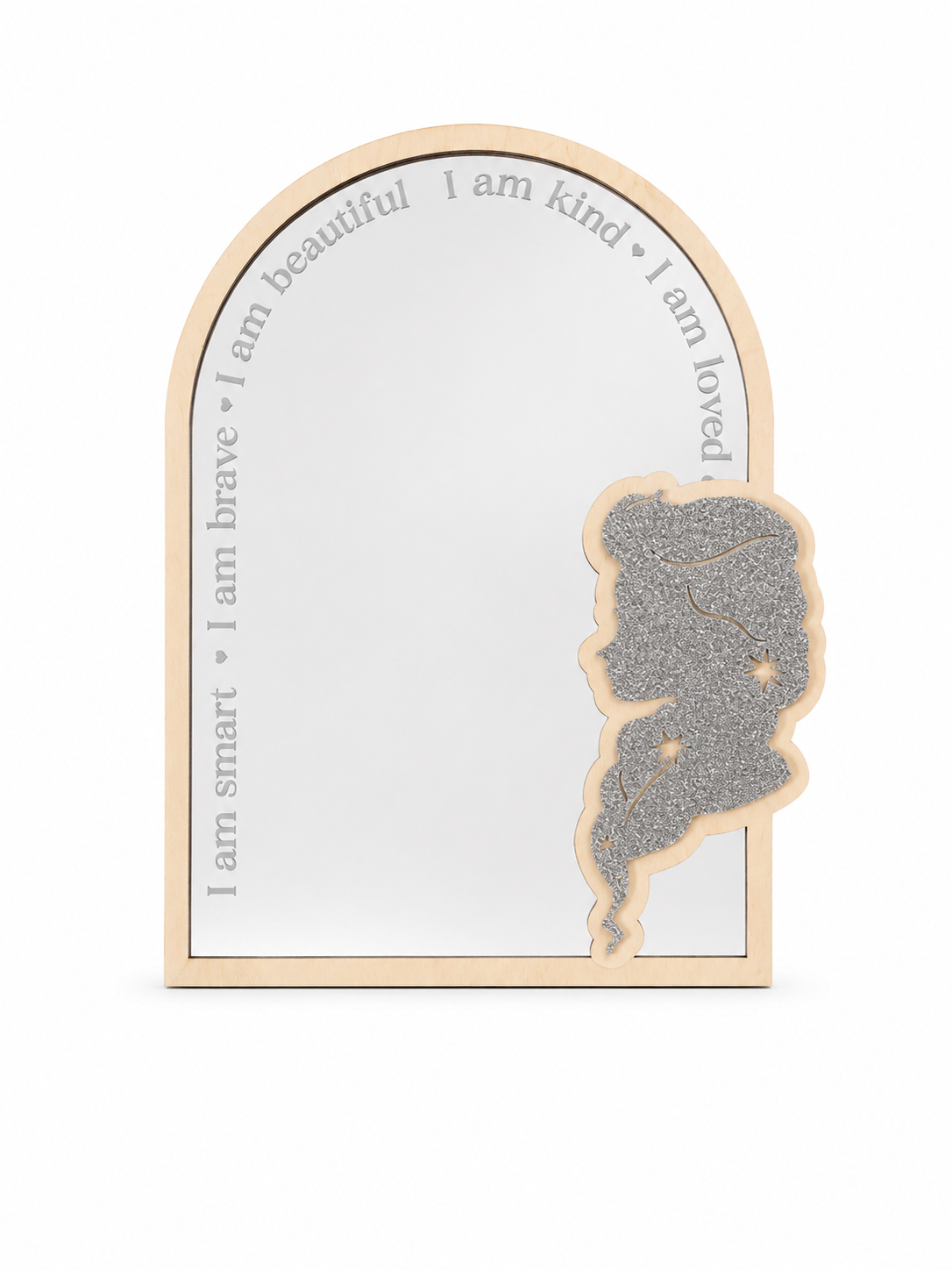 Wooden Ice Queen affirmation mirror with acrylic mirror and sparkling layered princess silhouette for a child’s bedroom.