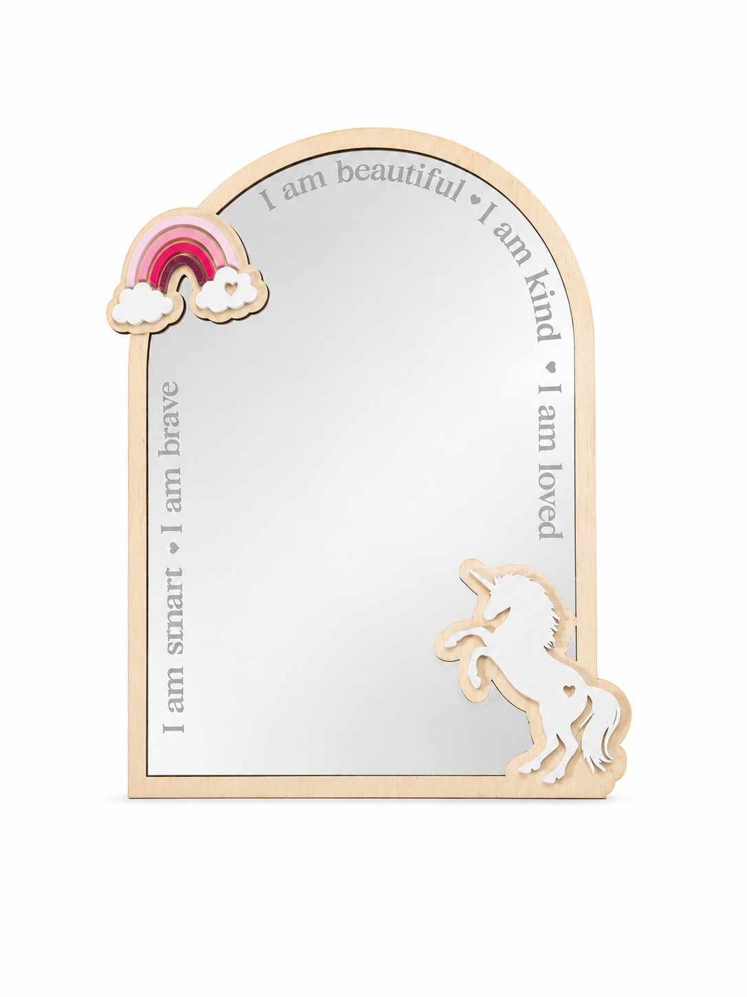 Kids acrylic affirmation mirror with layered unicorn and rainbow design