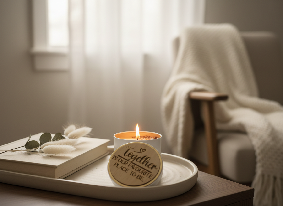 Custom Lemon Myrtle Candle with Amethyst Crystals – “Together is our favourite place to be”