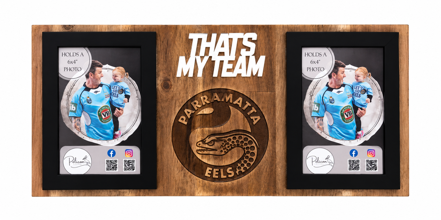 A custom wooden framed photo display for Parramatta Eels fans, featuring a central engraved wooden plaque with the team's snake logo and 'PARRAMATA EELS ' text, flanked by two black frames The top center features the text 'THATS MY TEAM' in bold white letters.