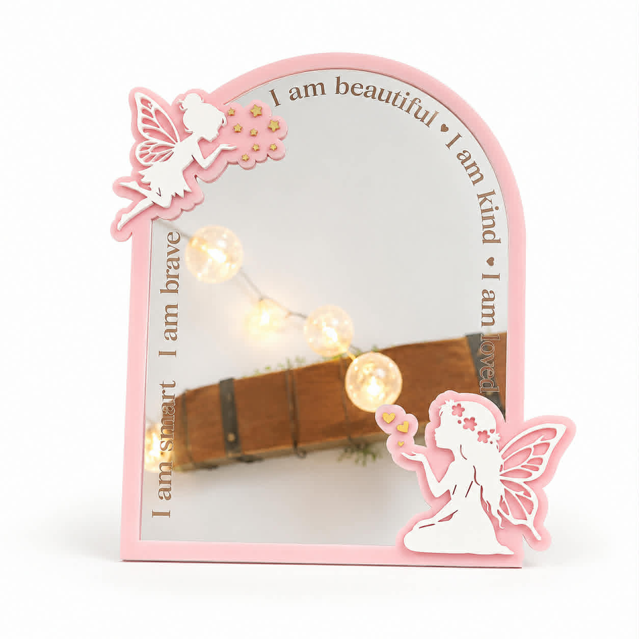 Personalised pink fairy affirmation acrylic mirror featuring engraved positive affirmations and layered fairy designs for a child's bedroom