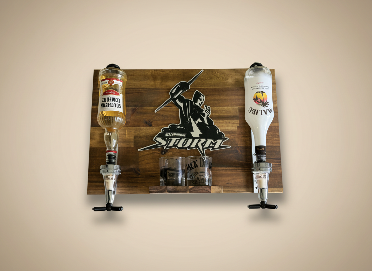 Wall Mounted Spirit Dispenser – Melbourne Team | Double Bottle Bar Display (600mm x 400mm)