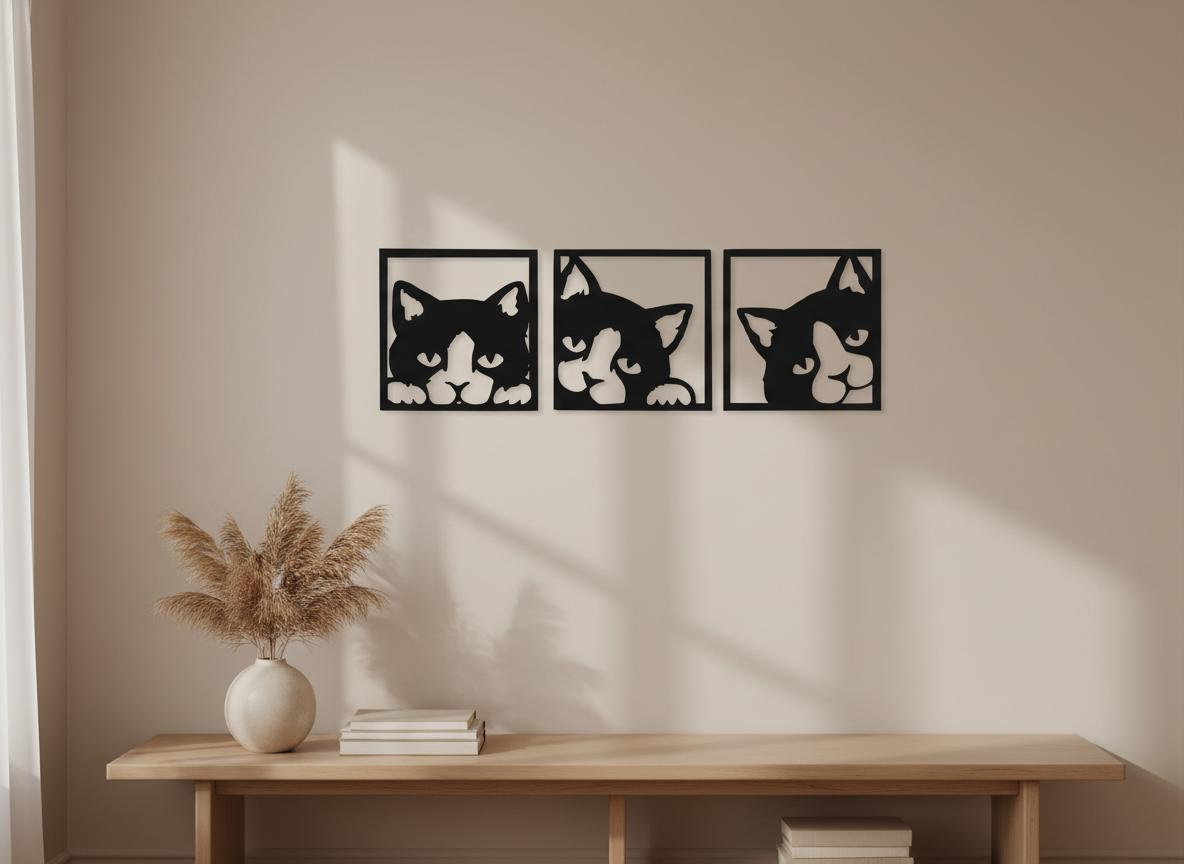 Cat panel acrylic wall decor - three cat expressions in 3mm black acrylic