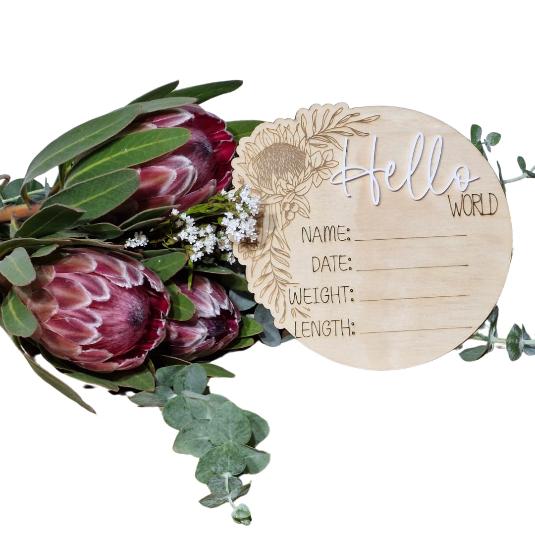 Wooden Writable Birth Announcement Plaque - Native Floral Design