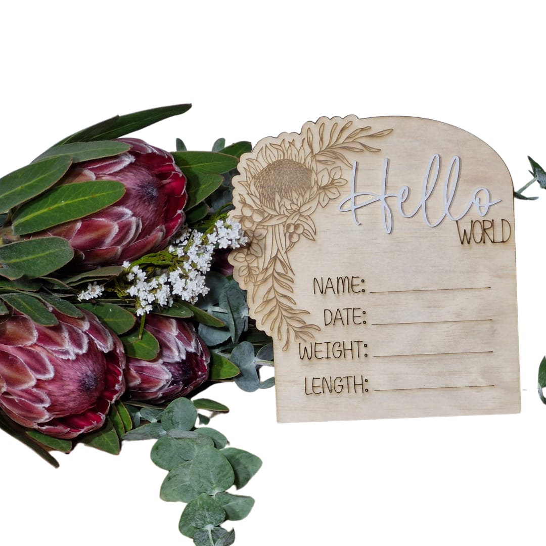 Wooden Arch Writable Birth Announcement Plaque - Native Floral Design