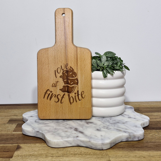Engraved Bamboo Serving Board - Love at First Bite.