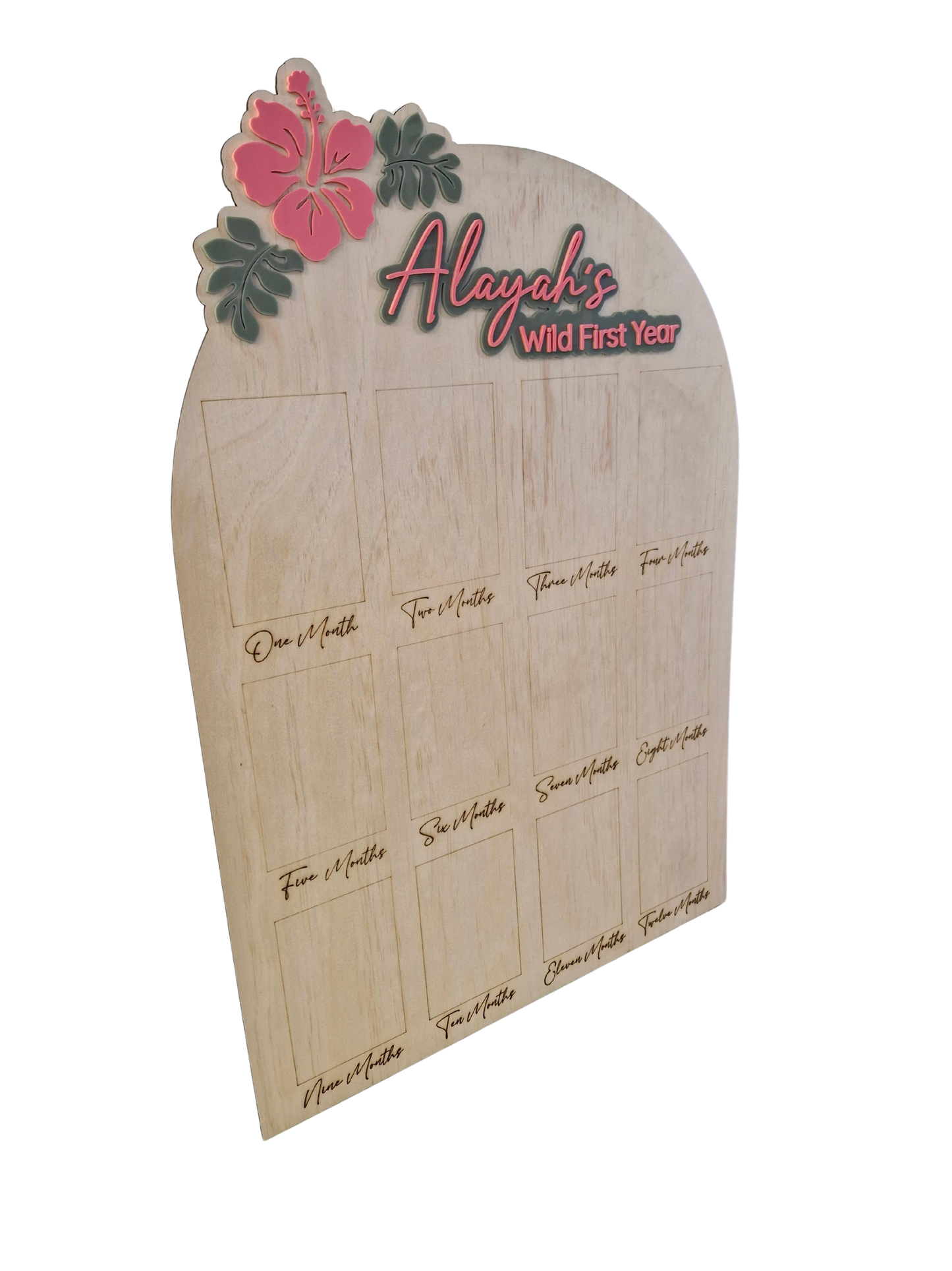 Wild First Year Milestone Photo Board with Name | Tropical Leaves + Hibiscus