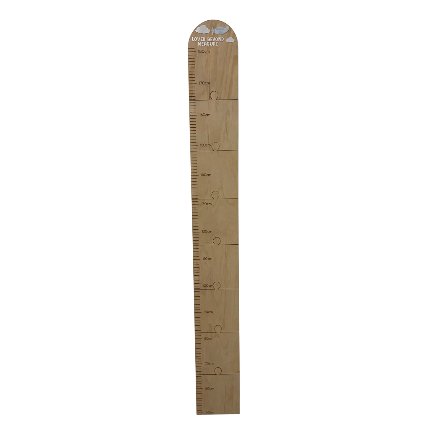 Personalisable Plywood Growth Chart – Plane & Clouds “Loved Beyond Measure” (50–180cm)