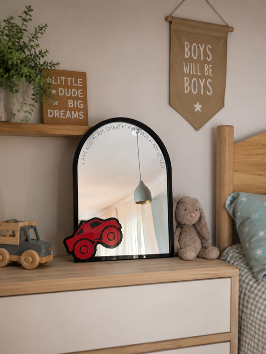 Monster Truck Affirmation Arch Mirror | Personalised Kids Bedroom Mirror | 30cm Acrylic