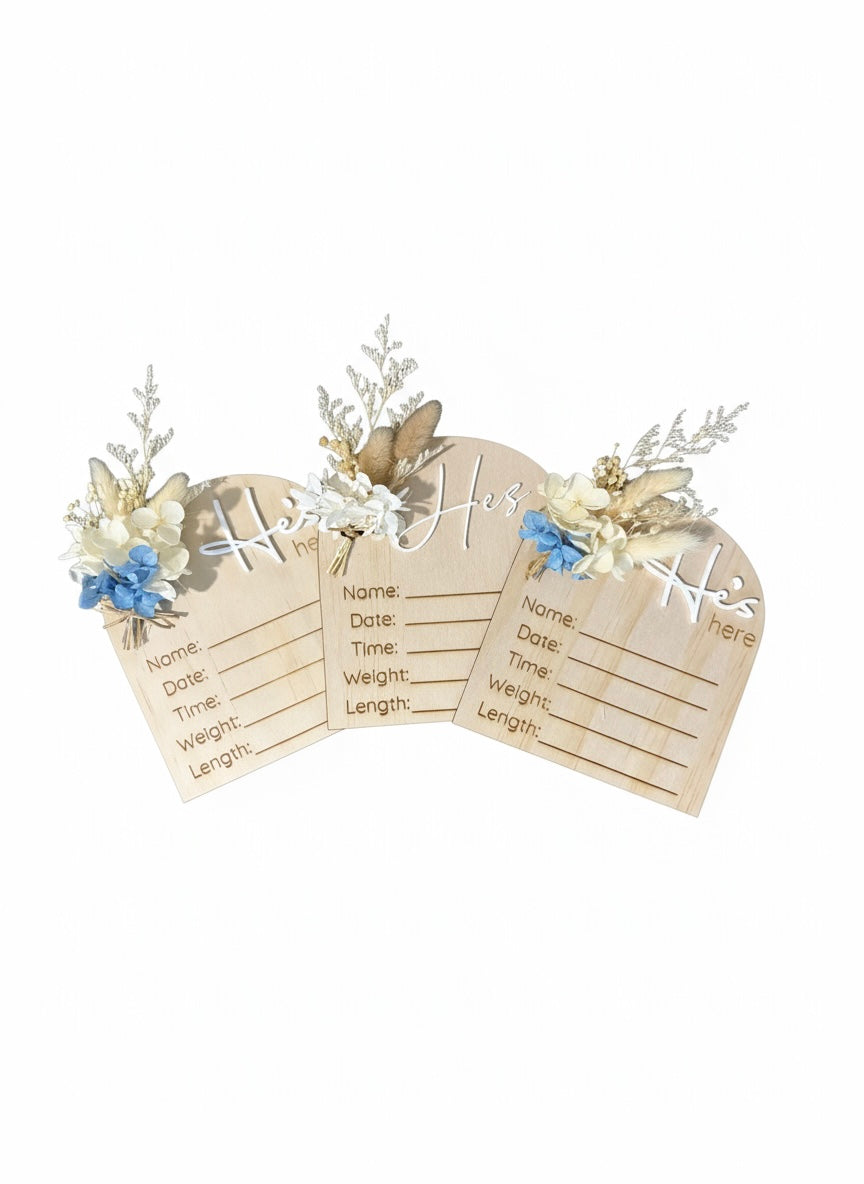 He’s Here Dried Floral Birth Announcement Plaque