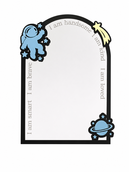 Personalised space-themed acrylic affirmation mirror featuring a blue astronaut, planet, shooting star and engraved positive affirmations on a white background.