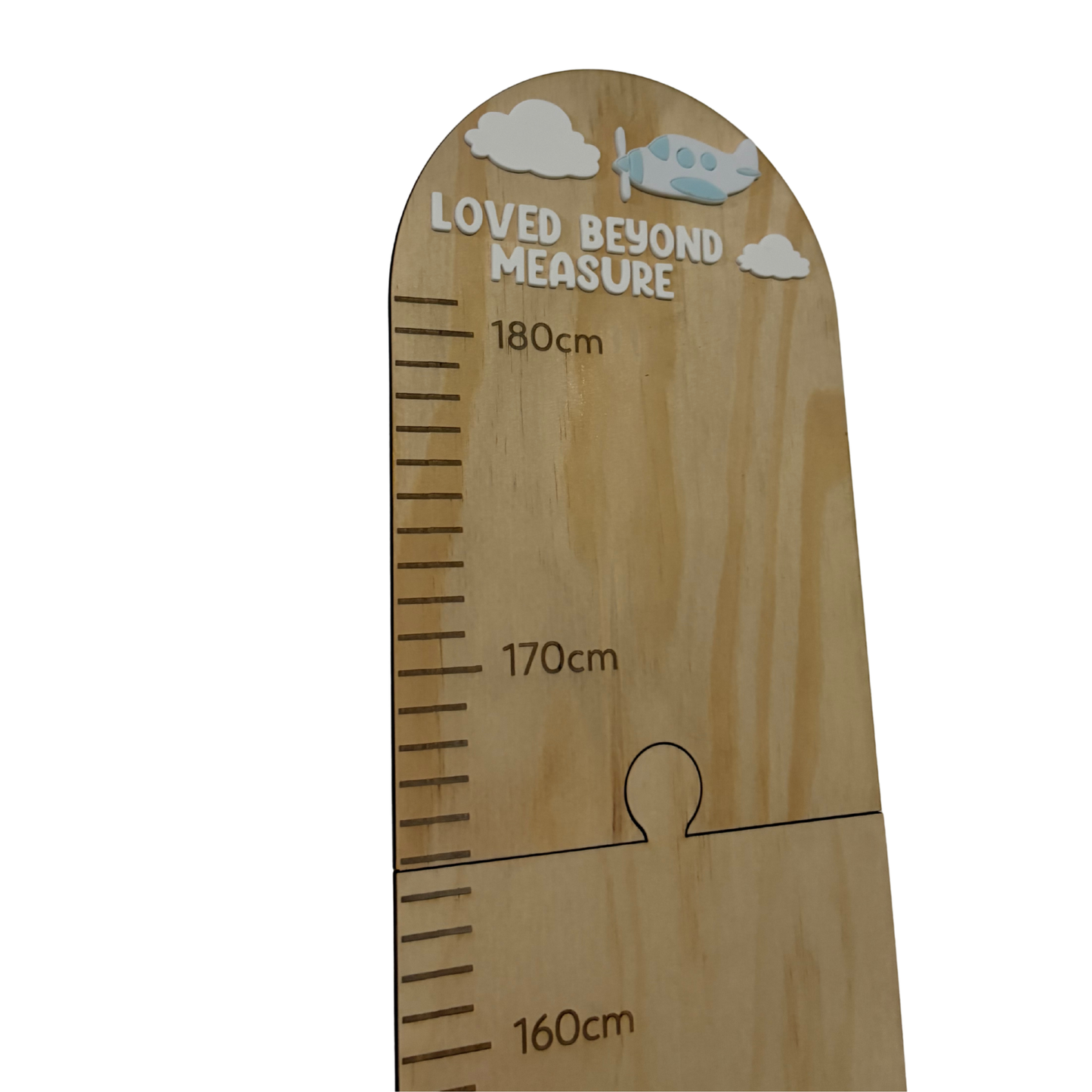 Personalisable Plywood Growth Chart – Plane & Clouds “Loved Beyond Measure” (50–180cm)