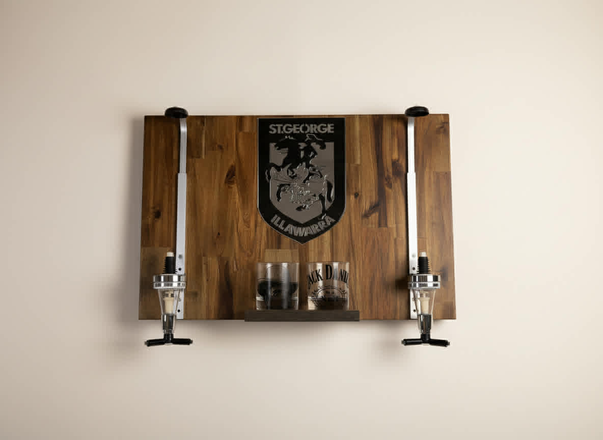 Wall Mounted Spirit Dispenser – ILLAWARRA Team | Double Bottle Bar Display (600mm x 400mm)