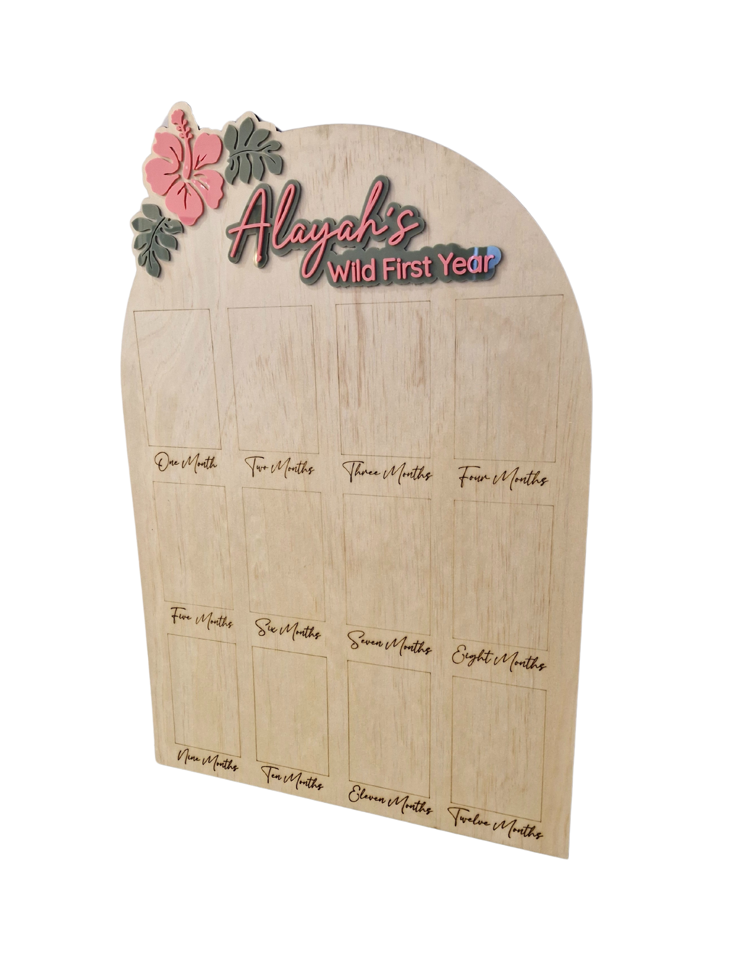 Wild First Year Milestone Photo Board with Name | Tropical Leaves + Hibiscus