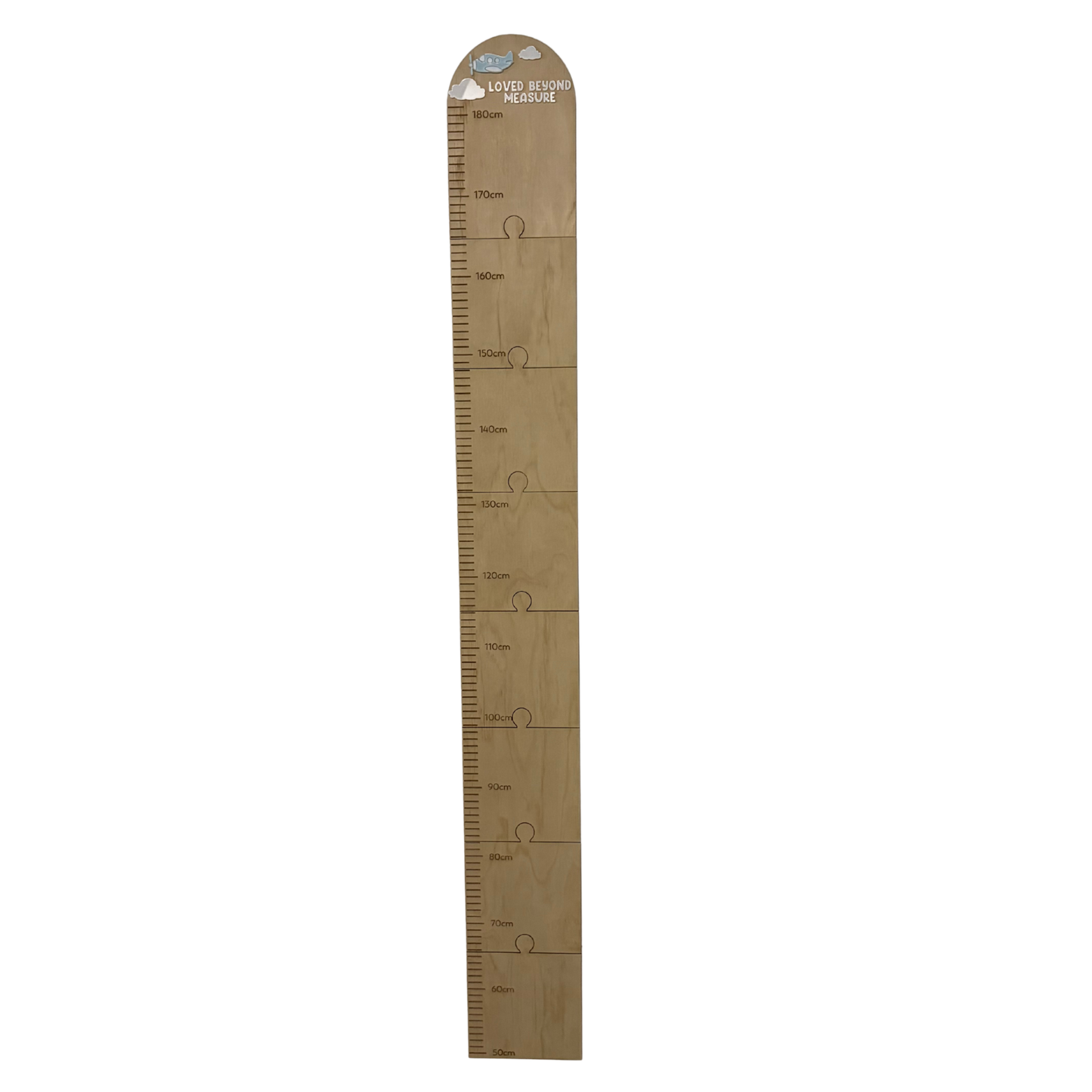 Personalisable Plywood Growth Chart – Plane & Clouds “Loved Beyond Measure” (50–180cm)