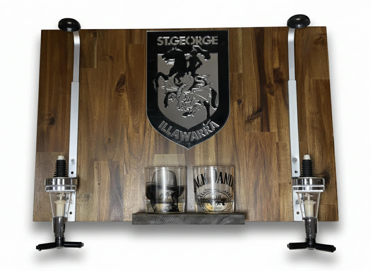 Wall Mounted Spirit Dispenser – ILLAWARRA Team | Double Bottle Bar Display (600mm x 400mm)