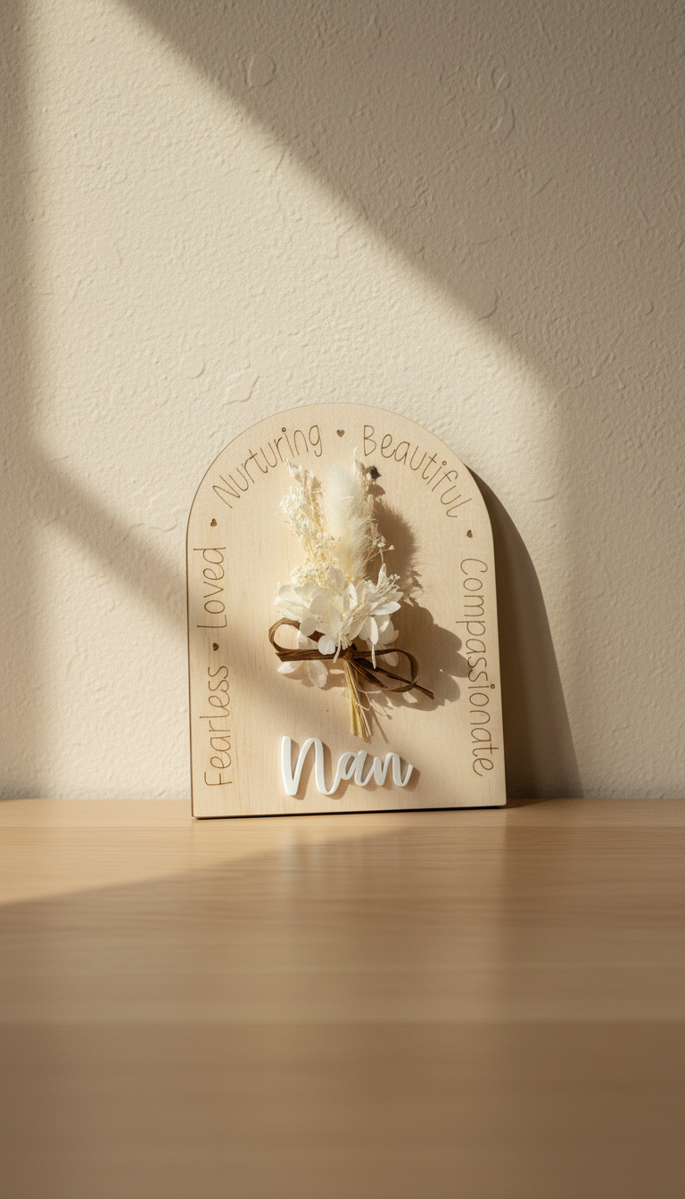 Decorative plaque with floral arrangement and text on a wooden surface