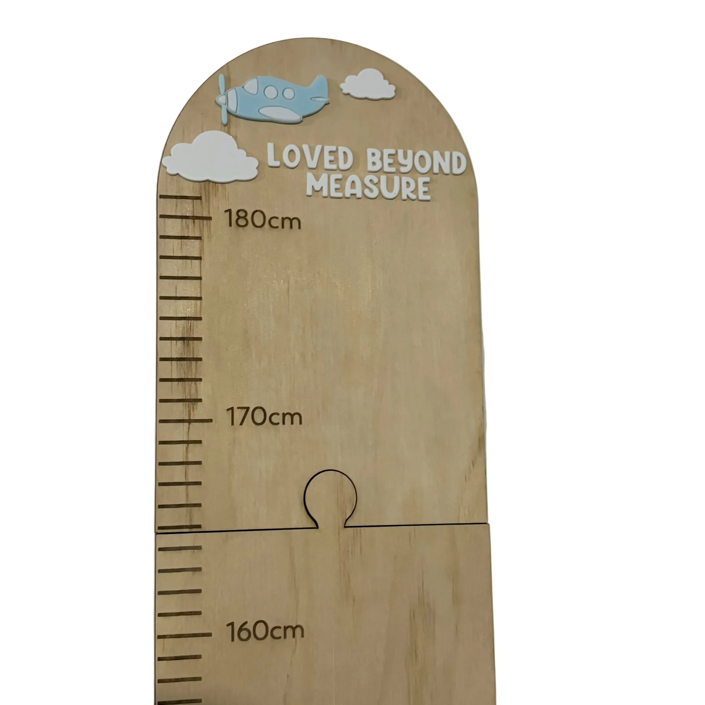 Personalisable Plywood Growth Chart – Plane & Clouds “Loved Beyond Measure” (50–180cm)