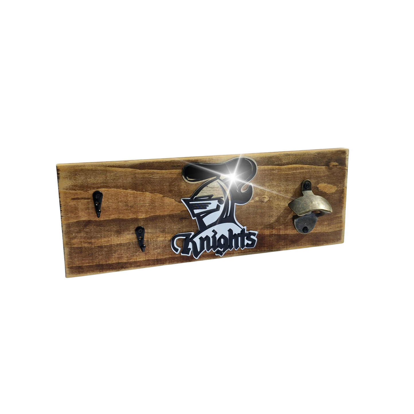 Wooden wall hook with bottle opener and 'Knights' logo on a white background