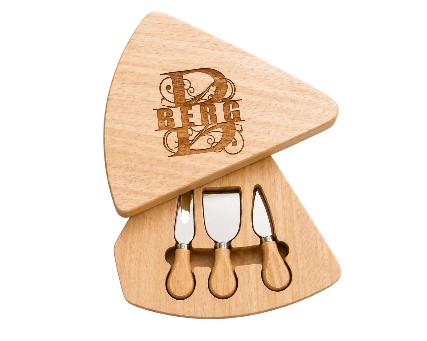 A wooden cheese knife set with three stainless steel tools and matching wooden handles, displayed inside an open triangular wooden box on a WHITE BACKGROUND