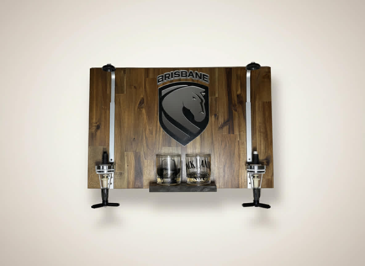 Wall Mounted Spirit Dispenser – Brisbane Team | Double Bottle Bar Display (600mm x 400mm)