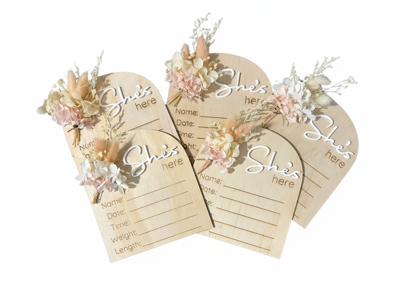 She’s Here Dried Floral Birth Announcement Plaque