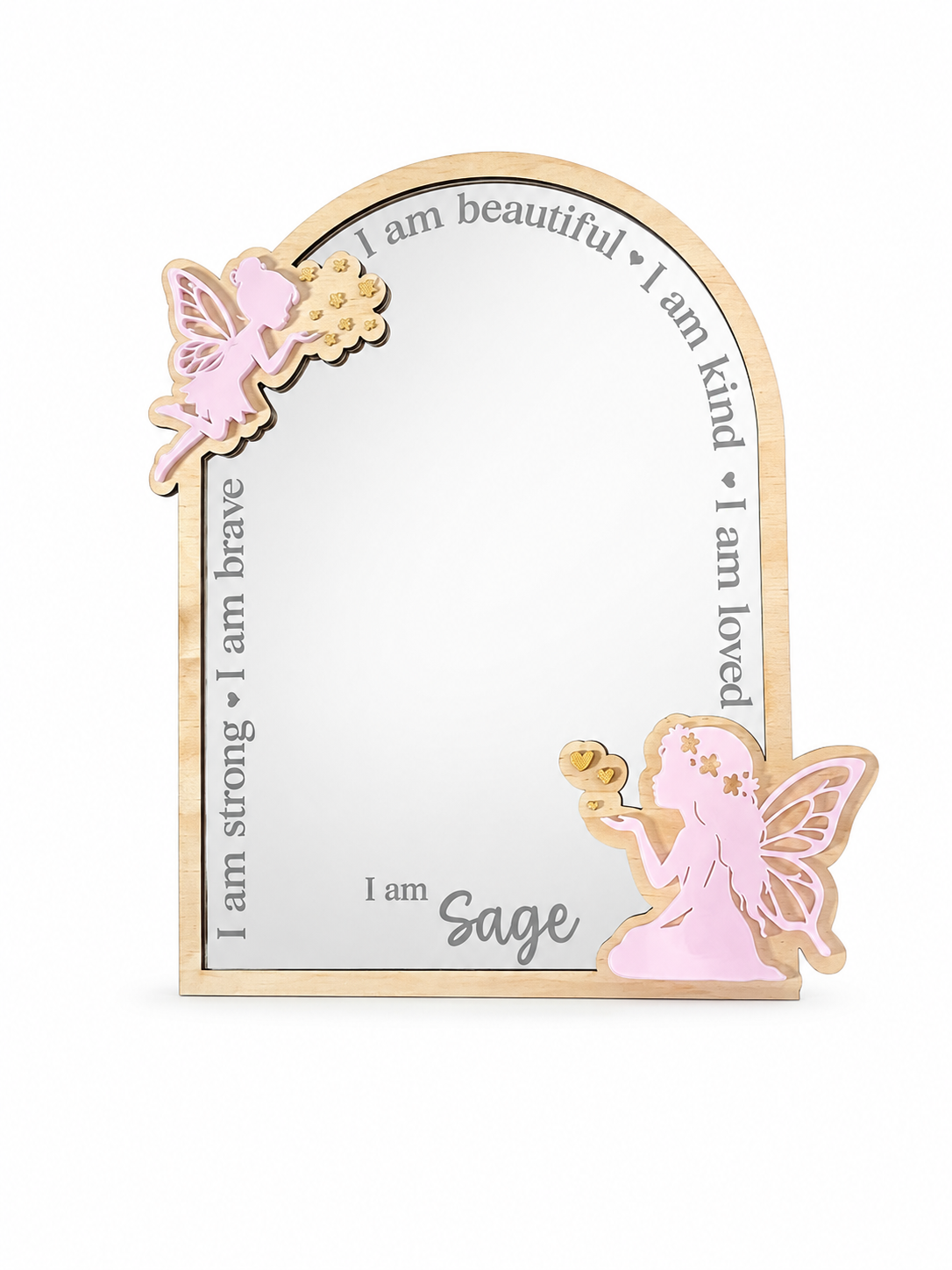 Personalised fairy affirmation mirror with layered fairy details, acrylic mirror and engraved positive affirmations for a child’s bedroom.