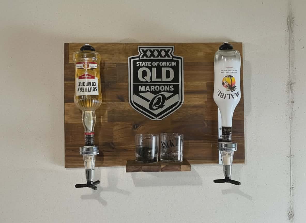 Wall Mounted Spirit Dispenser – QLD Team | Double Bottle Bar Display (600mm x 400mm)