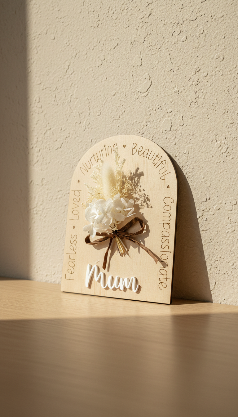 Wooden plaque with floral design and text on a textured wall