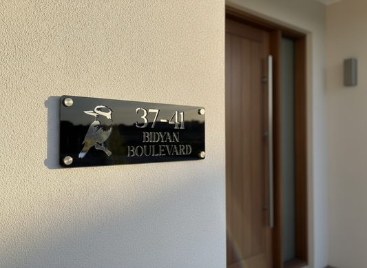 Personalised Acrylic Mirror House Sign – Kookaburra (Custom House Number & Street Name)