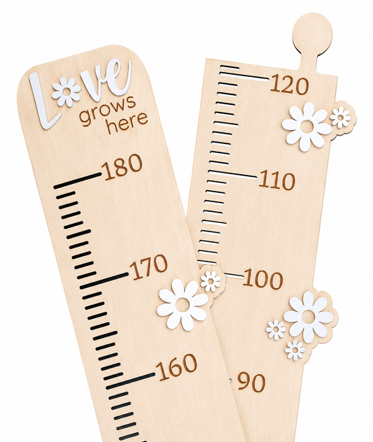Love Grows Here Daisy personalised wooden growth chart for children's bedrooms measuring 65 cm–180 cm