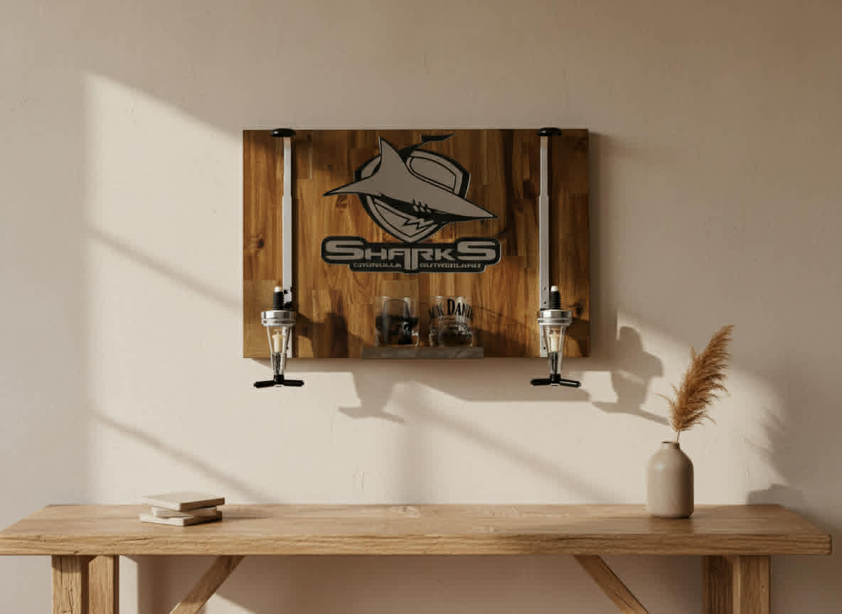 Wall Mounted Spirit Dispenser – CRONULLA Team | Double Bottle Bar Display (600mm x 400mm)