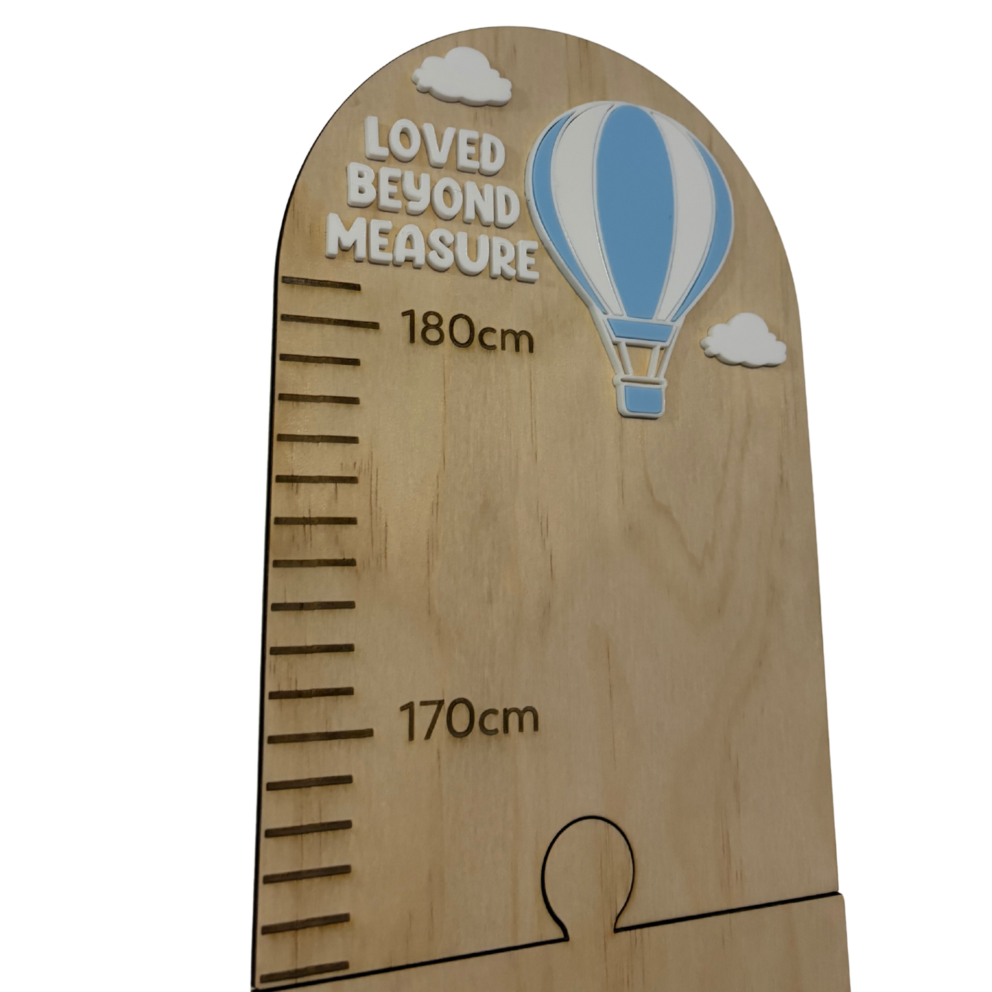 Personalisable Plywood Growth Chart – Hot Air Balloon “Loved Beyond Measure” (50–180cm)