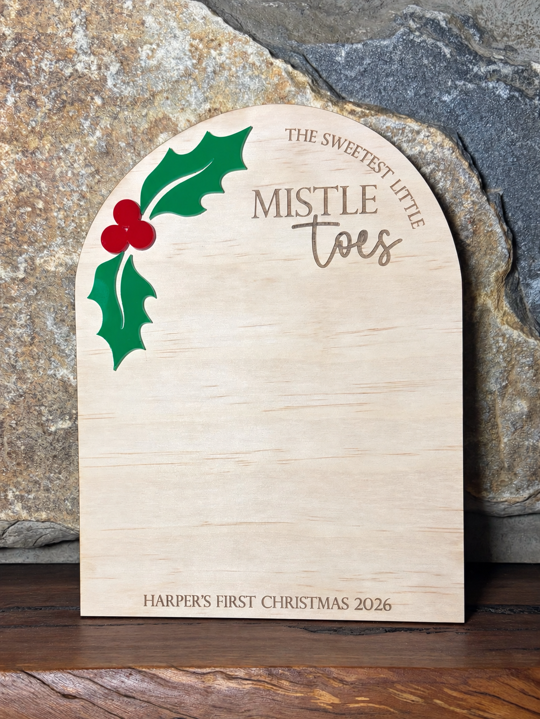The Sweetest Little Mistletoes personalised baby's first Christmas footprint keepsake plaque with space for tiny footprints and child's name and year