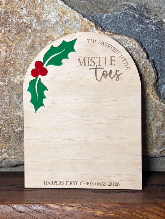 The Sweetest Little Mistletoes personalised baby's first Christmas footprint keepsake plaque with space for tiny footprints and child's name and year